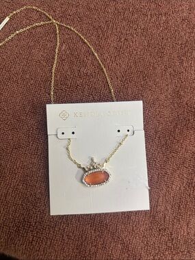 Kendra Scott Gold Necklace with Coral-Orange Stone and Crystal Accent